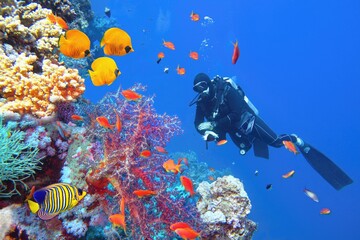 Scuba diver near beautiful coral reef surrounded with shoal of colorful coral fish and butterfly fish © Tunatura