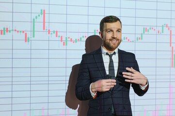 Stock Market Trader Working Investment Charts, Graphs, Ticker, Diagrams Projected on His Face. Financial Analyst and Digital Businessman Selling Shorts and Buying Longs