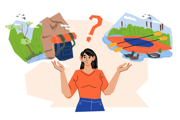 Woman planning and choosing outdoor activities, flat vector illustration isolated on white background. Woman chooses between outdoor recreation on the water or in the mountains. Tourist trip choice.