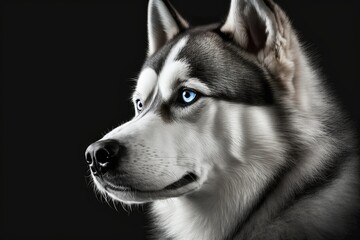 Fototapeta premium Serious faced husky dog photograph taken in a studio. A stunning black and white Siberian husky with icy blue eyes. Generative AI