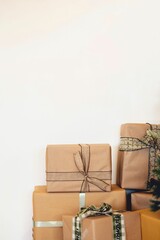 Gift boxes with bows on the floor - Christmas presents