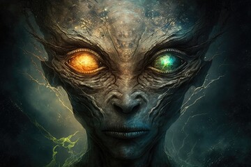 Strange extraterrestrial portrait, chilling, terrifying, eye catching. Generative AI