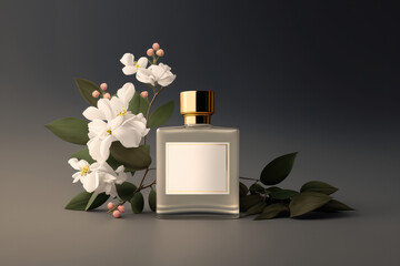 Perfumery, summer fragrance concept made with perfume bottle and flowers. Created with Generative AI technology.