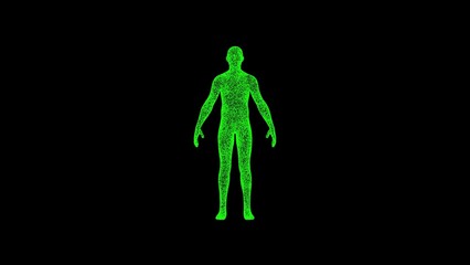 3D human body man on black bg. Object dissolved green flickering particles. Business advertising backdrop. Science concept. For title, text, presentation. 3D animation