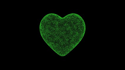 3D heart on black bg. Object dissolved green flickering particles. Business advertising backdrop. Science concept. For title, text, presentation. 3D animation