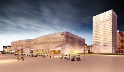 Shopping Mall Building Exterior at night, 3d render.