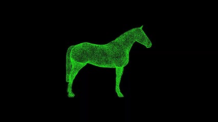 3D horse on black bg. Object dissolved green flickering particles. Business advertising backdrop. Science concept. For title, text, presentation. 3D animation