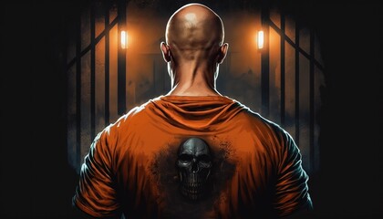 Bald Man In Prison: Guy In Jail In Orange T-shirt Locked Behind The Bars - obrazy, fototapety, plakaty