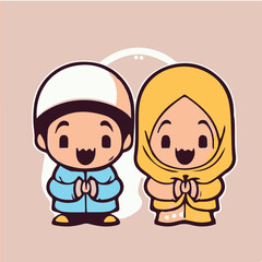 Vector cute boy and girl moslem icon illustration