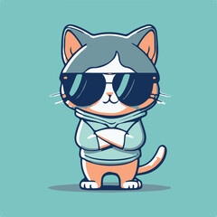 Free vector cute cool cat wearing eyeglasses and hoodie