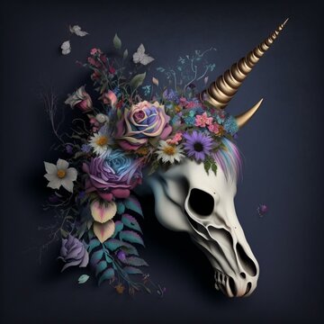 Surreal Fantasy A Unicorn Skull with a Flower Crown by Derek Zabrocki and Kyle Lambert, AI Generated