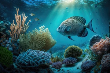 Coral Reef and Rare Fish in an Underwater Environment. Generative AI