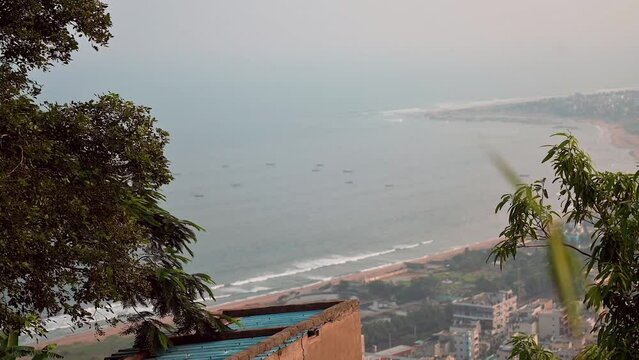 Aerial Footage Of Visakhapatnam Vizag, City And Port With The Buildings And Trees On The Coast