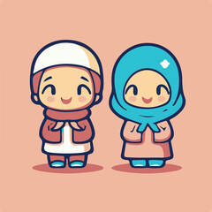 Vector cute boy and girl moslem icon illustration