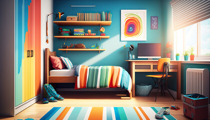 Illustration of a modern boy's bedroom with few accessories. Bedroom interior with furniture. 3D realistic illustration. Based on Generative AI