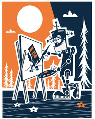 The robot draws a person.Vector illustration.
