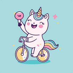 vector cute unicorn riding bicycle and waving hand cartoon vector icon illustration 