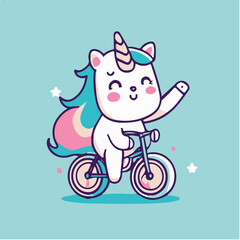 vector cute unicorn riding bicycle and waving hand cartoon vector icon illustration 