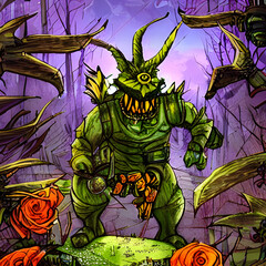 green illustrated monster with three horns and one eye in a deserted forest full of strange plants. Generative AI