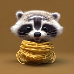 funny cute 3d raccoon with big eyes tangled in spaghetti. Generative AI