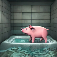 a pink pig bathing in the water in a room. Generative AI