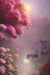 Fototapeta premium A blooming garden. Flowers. Fabulous landscape. Illustration. Generative AI