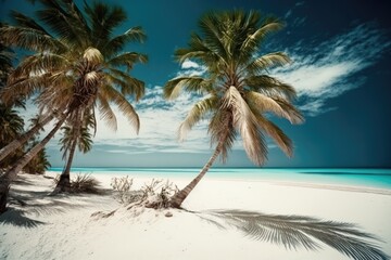 Plakat palm palms and a white sand beach against a blue ocean and sky. Generative AI