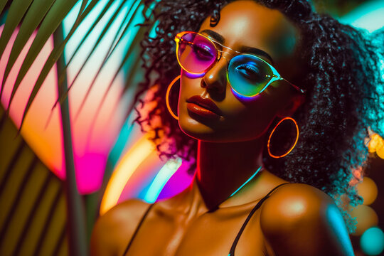 Attractive african american girl dancing, clubbing at the hot summer dance party. Colorful sunglasses. Palm trees on background. Vacation nightlife.