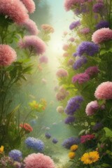 Obraz na płótnie Canvas A blooming garden. Flowers. Fabulous landscape. Illustration. Generative AI