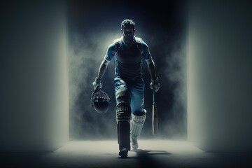 A cricket player walking on the ground in a blue jersey. Cricket. sports player. Generative AI	