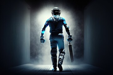 A cricket player posing in the studio with smoke and wearing a blue cricket jersey. sports player. Generative AI	
