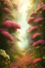 A blooming garden. Flowers. Fabulous landscape. Illustration. Generative AI