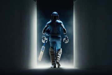 A cricket player posing in the studio with smoke and wearing a blue cricket jersey. sports player. Generative AI	
 - obrazy, fototapety, plakaty