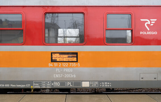 PKP class EN57 train dynamic route map information display screen, on the wagon side. Polregio Polish regional rail operator at Skawina railway station platform on January 30, 2023 in Skawina, Poland.