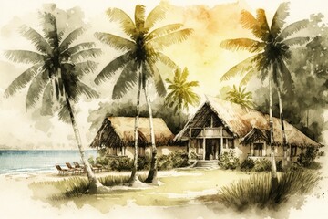 Cabaas or bungalows on the beach, surrounded by coco palm trees. The scene is set on a sandy beach and features large palm trees and a bungalow. Stunning scenery reminiscent. Generative Ai
