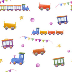 Watercolor seamless pattern of kid wooden toys - cars, trains - isolated on white background. Hand painted illustration for children print, poster, decor, wallpaper, wrapping, fabric, textile.