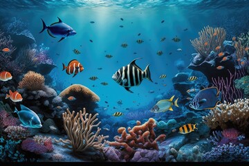 Fototapeta na wymiar 16 9 widescreen background of a coral reef in the ocean, teeming with tropical fish and other sea life. Generative AI