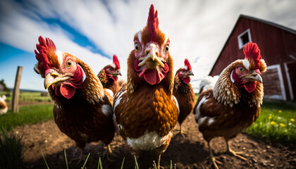 A flock of curious chickens peek into the camera, close-up shot. Generative ai - obrazy, fototapety, plakaty