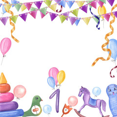 Watercolor card for children's birthdays isolated on white background. Hand painted illustration for greeting card, poster, background, postcard, for nursery, kids room decor.
