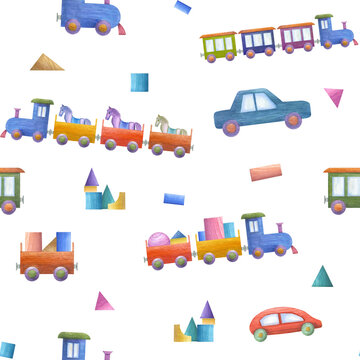 Watercolor seamless pattern of kid wooden toys - cars, trains - isolated on white background. Hand painted illustration for children print, poster, decor, wallpaper, wrapping, fabric, textile.