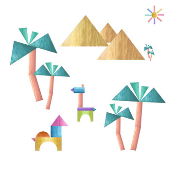 Watercolor illustration of palm trees, pyramids, animals built from wooden bricks. Hand painted set isolated on white background. For children print, poster, wallpaper, wrapping, fabric, textile.