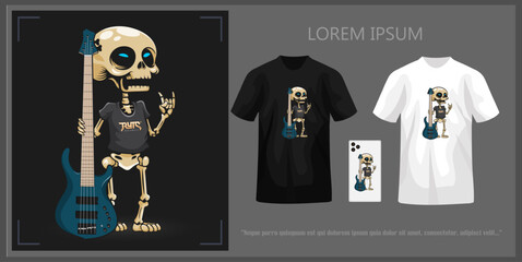 T-shirt design featuring a cute skull holding a bass complete with mockup. - obrazy, fototapety, plakaty