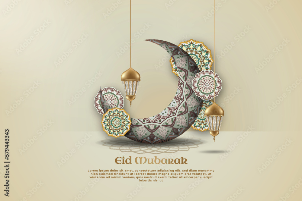 Wall mural islamic background paper art with a crescent and the words eid mubarak on it.