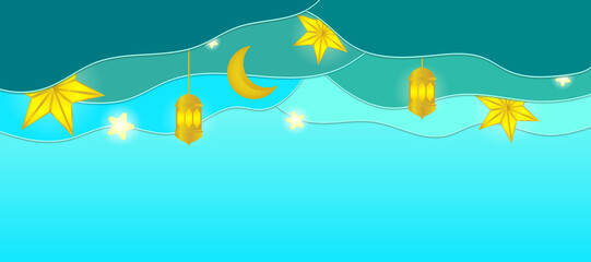 Ramadan Kareem paper graphic of islamic festival design with crescent moon and islamic decorations. Vector illustration