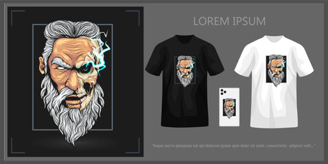 T-shirt design featuring zeus head with skull complete with mockup. - obrazy, fototapety, plakaty