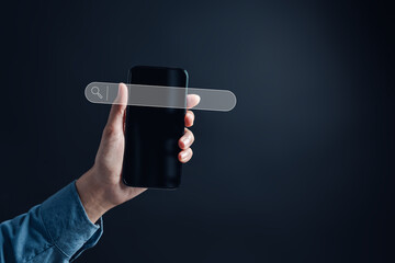 Mobile phone for Search Data Search Technology Search Engine Optimization. Man use computer to Searching for information. Using Search Console for data.