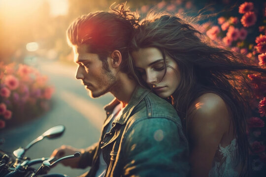 Girl In Love And Her Boyfriend Man Are Sitting On A Motorcycle Flirting, Hugging. Flowers In Bloom. Sunset. Passionate Sensual Relationship, Where The Couple Is In Control Of Their Own Journey 