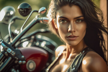 Naklejka na ściany i meble Beautiful motorcyclist biker girl next to her motorcycle. 
