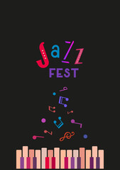 Jazz Music Fest colorful vector banner background illustration. Fancy lettering Jazz. Vintage piano keyboard , musical notes cartoon design element. Music Festival event advertisement flyer template