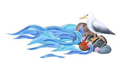 Composition of a breaking wave near a stone shore with a seagull and shells. Painted in watercolo